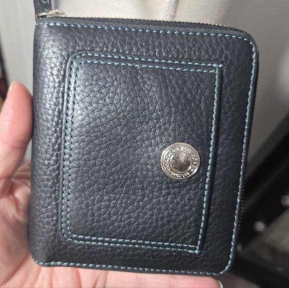 Black Coach Zip Up Leather Wallet Blue Stitching - Picture 1 of 13